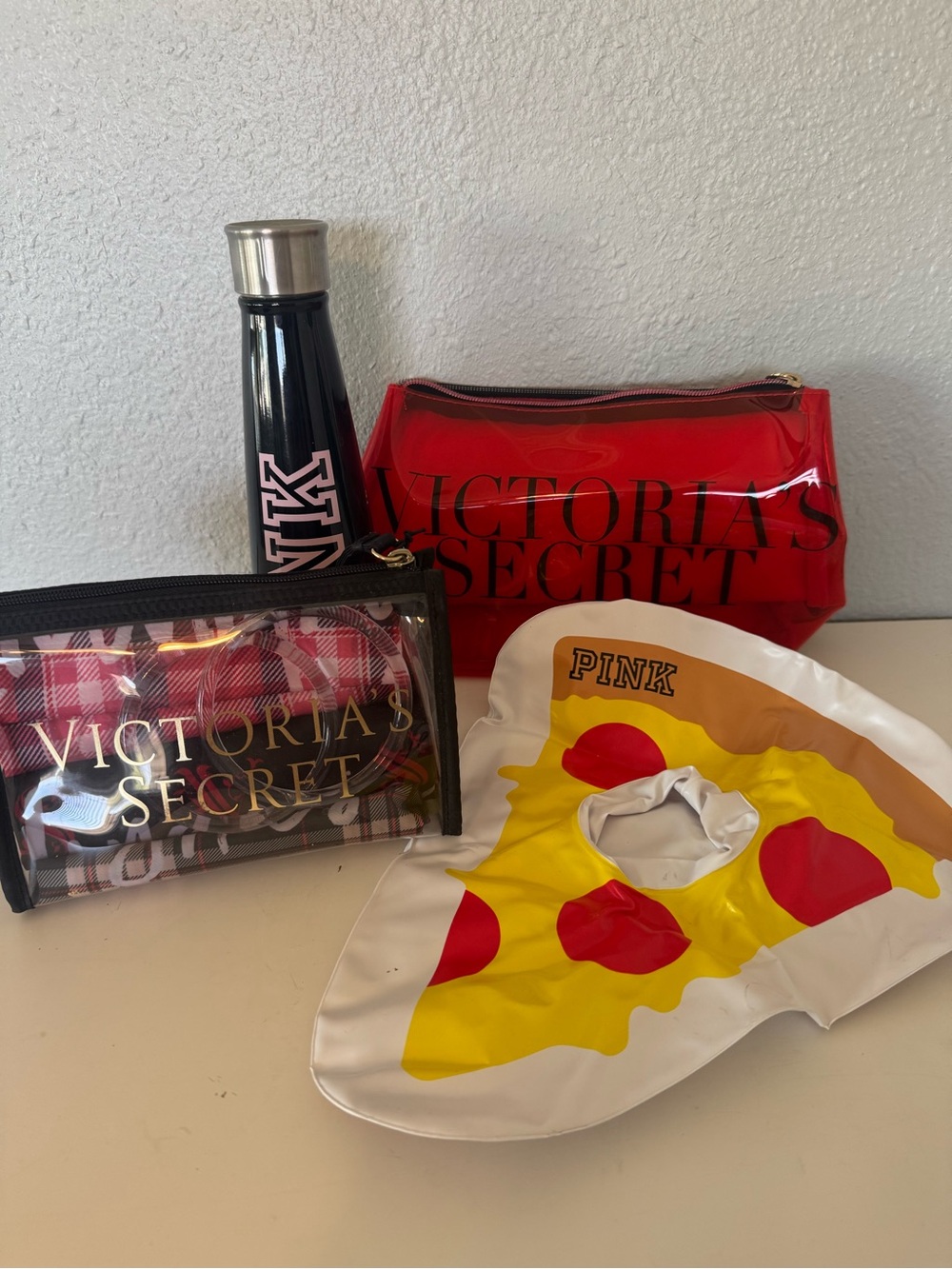 PINK Victoria's Secret Red Cosmetic Pouch, Black Bottle & Pizza Inflatable